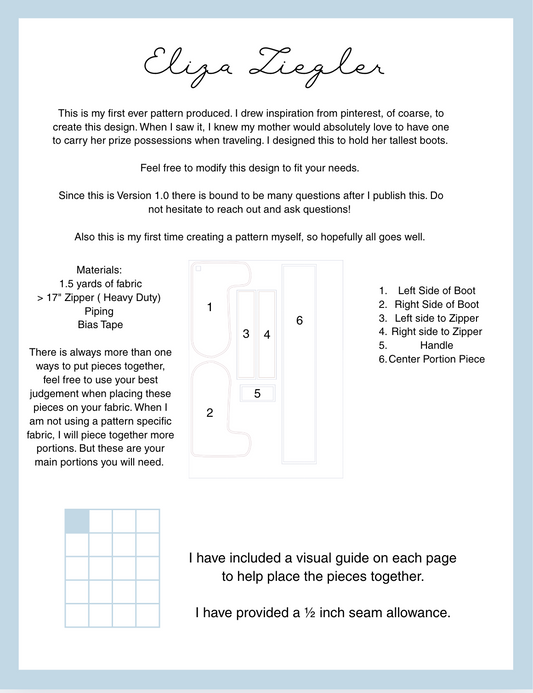Sewing Pattern Boot Bag